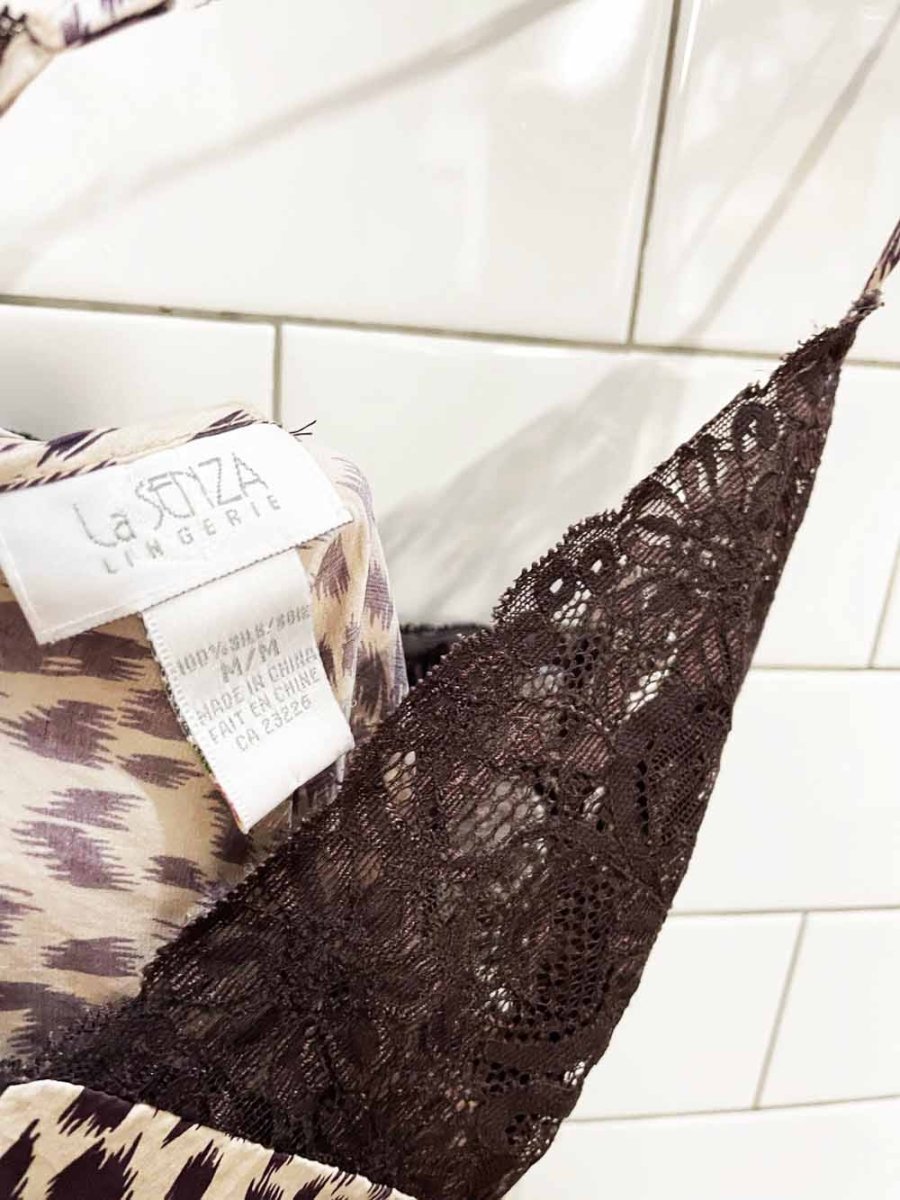 vintage 00s la senza 100% silk animal print lace trim slip mini dress - good market thrift store