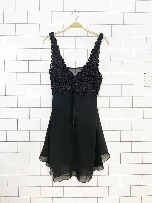 vintage 00s la senza embroidered top flare hem chiffon mini slip dress - good market thrift store