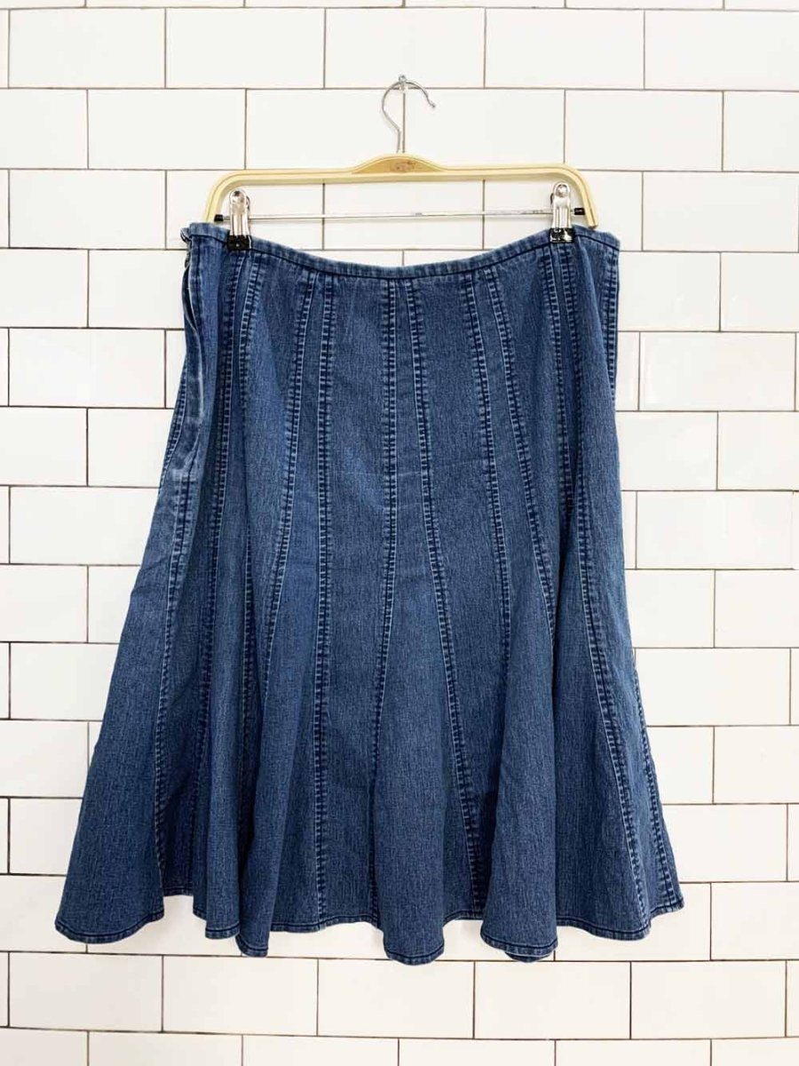 vintage 00s larry levine stretch panelled flare denim knee-length skirt - good market thrift store