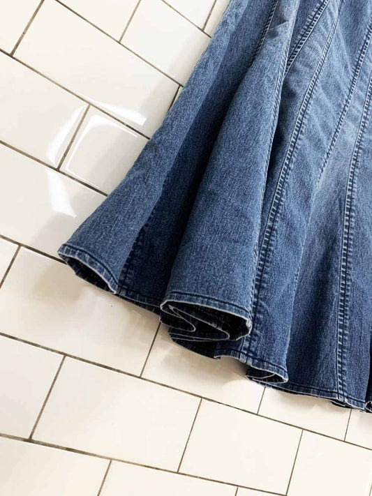 vintage 00s larry levine stretch panelled flare denim knee-length skirt - good market thrift store