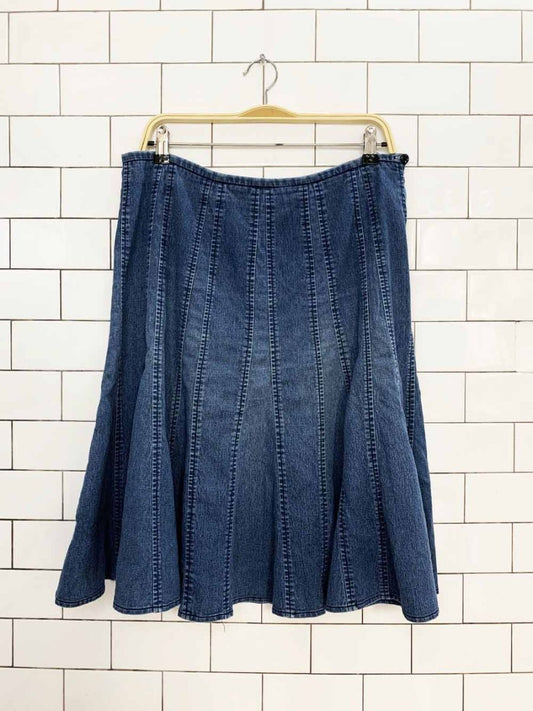 vintage 00s larry levine stretch panelled flare denim knee-length skirt - good market thrift store