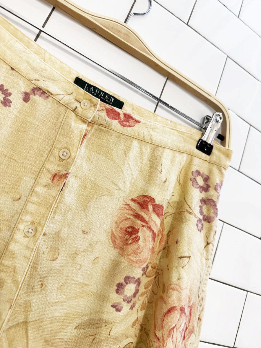 vintage 00s lauren RL 100% linen country floral full button midi skirt | ralph lauren - good market thrift store