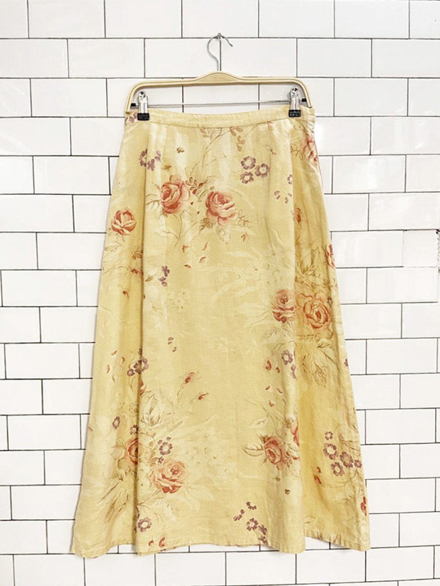 vintage 00s lauren RL 100% linen country floral full button midi skirt | ralph lauren - good market thrift store
