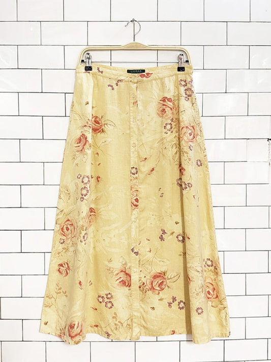 vintage 00s lauren RL 100% linen country floral full button midi skirt | ralph lauren - good market thrift store