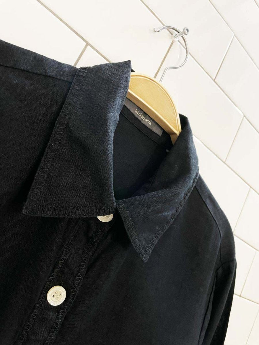 vintage 00s liz claiborne 100% linen embroidered trim full button shirt - good market thrift store