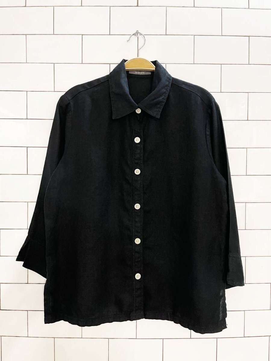 vintage 00s liz claiborne 100% linen embroidered trim full button shirt - good market thrift store