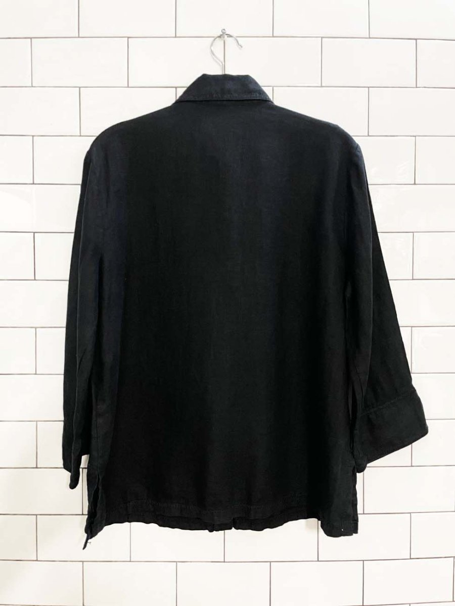 vintage 00s liz claiborne 100% linen embroidered trim full button shirt - good market thrift store