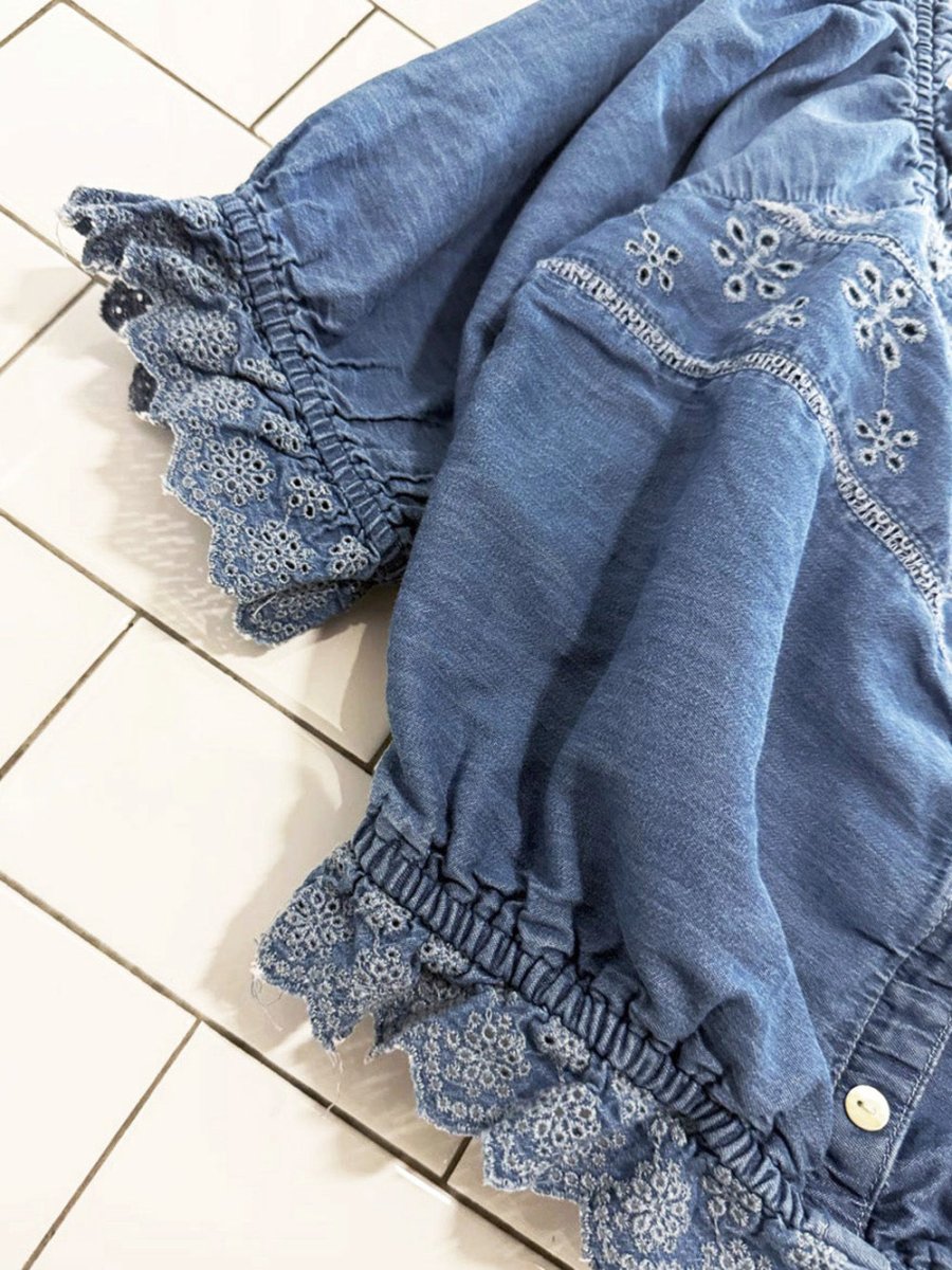 vintage 00s lone star denim eyelet puff sleeve cropped prairie blouse - good market thrift store