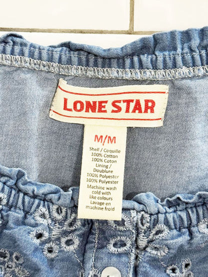 vintage 00s lone star denim eyelet puff sleeve cropped prairie blouse - good market thrift store