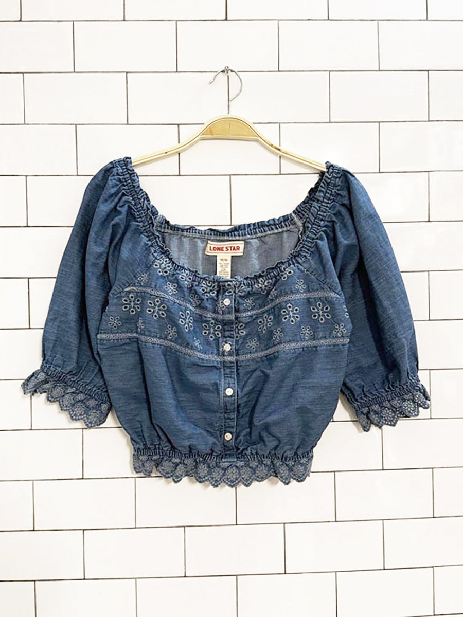 vintage 00s lone star denim eyelet puff sleeve cropped prairie blouse - good market thrift store