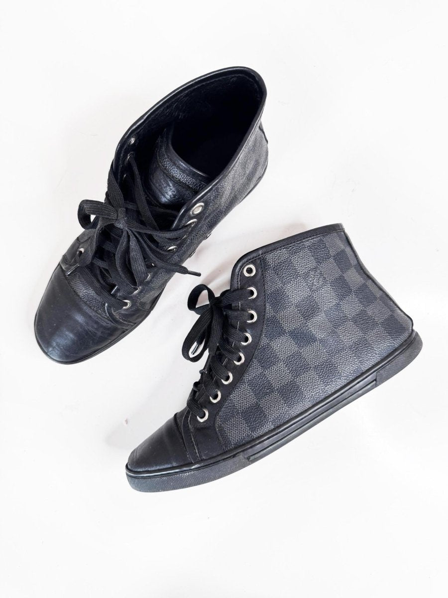 vintage 00s louis vuitton damier graphite canvas + leather high top sneakers - good market thrift store