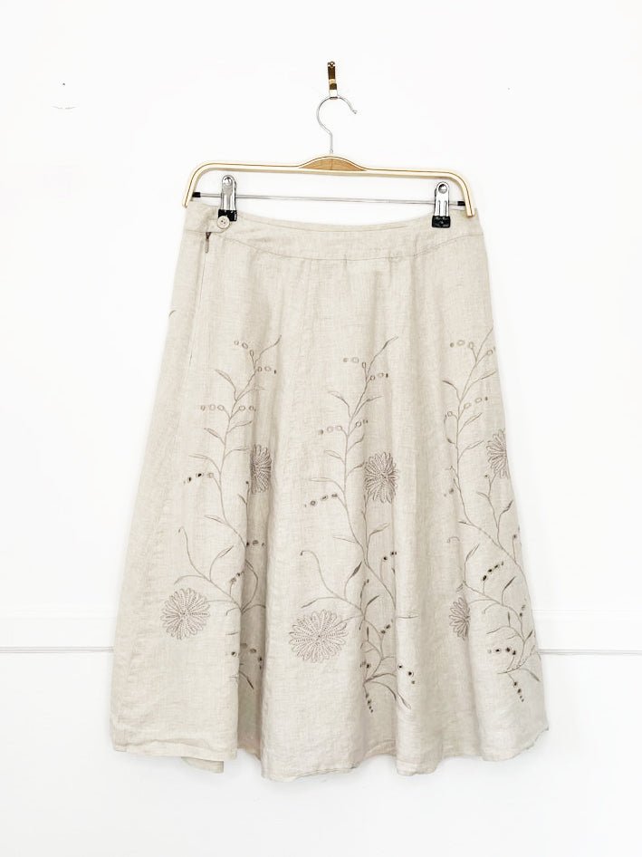 vintage 00s madison studio 100% linen embroidered floral flare midi skirt - good market thrift store