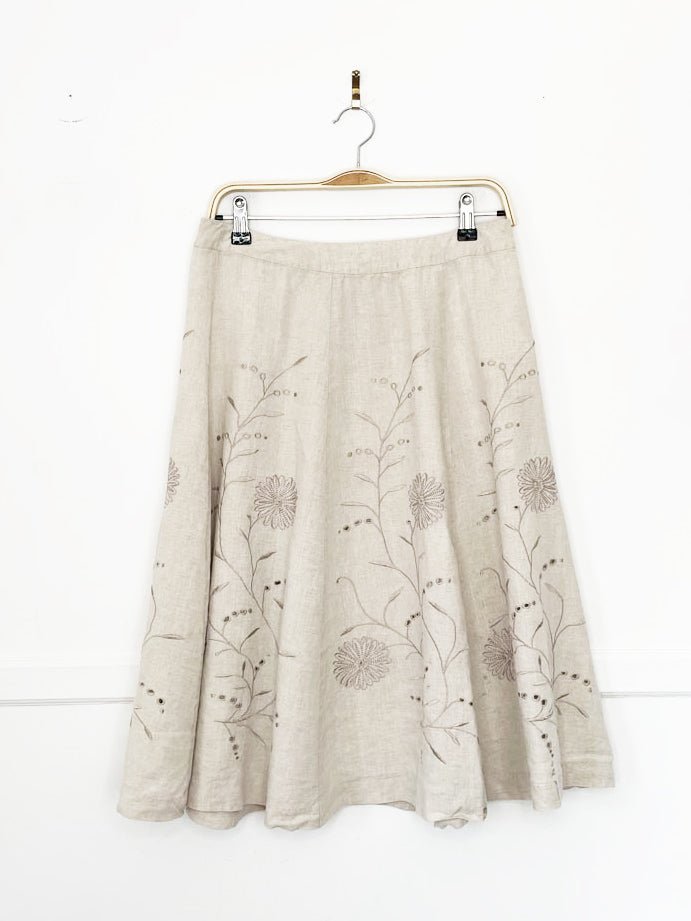 vintage 00s madison studio 100% linen embroidered floral flare midi skirt - good market thrift store