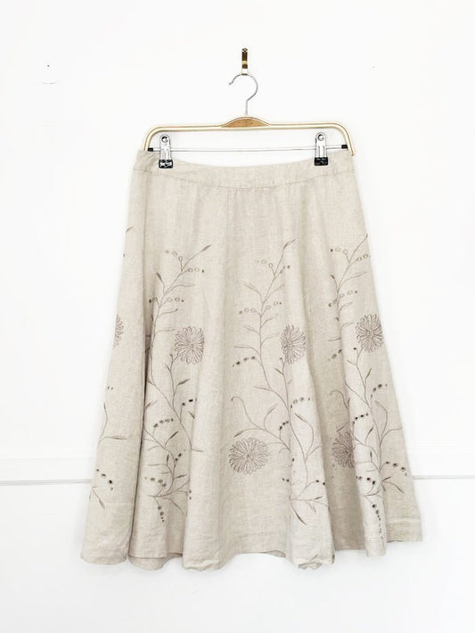vintage 00s madison studio 100% linen embroidered floral flare midi skirt - good market thrift store