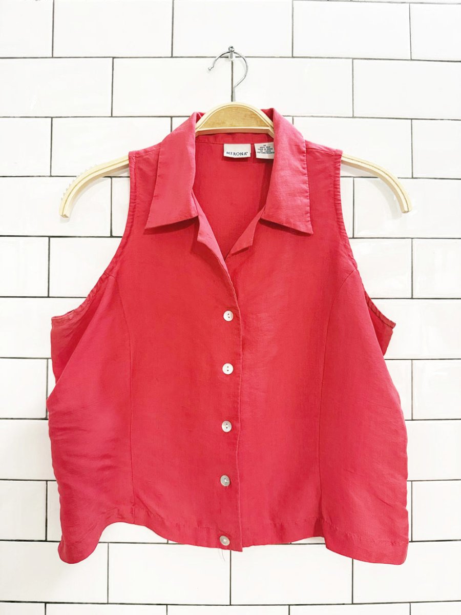 vintage 00s merona 100% silk full button sleeveless shirt - good market thrift store