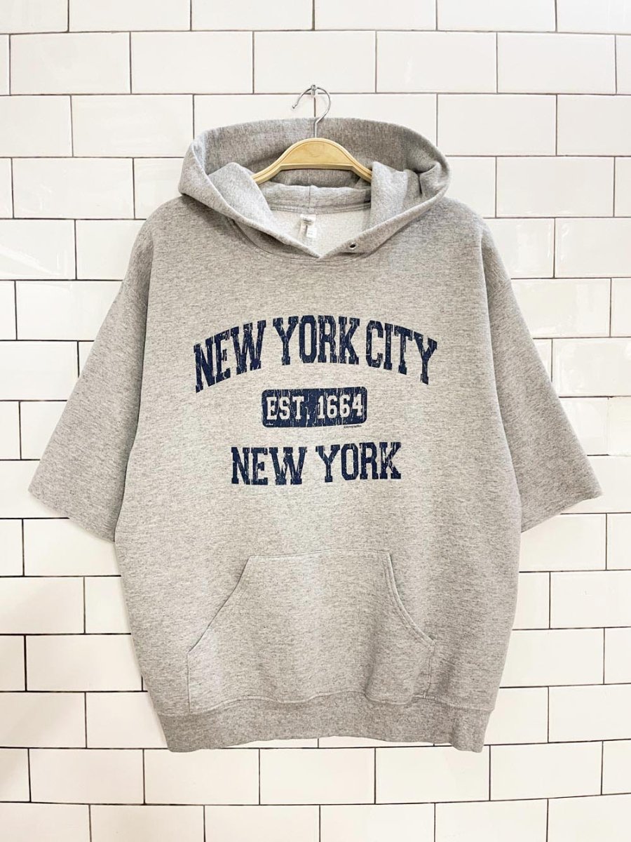 vintage 00s new york city graphic cropped sleeve hoodie | jerzees - good market thrift store