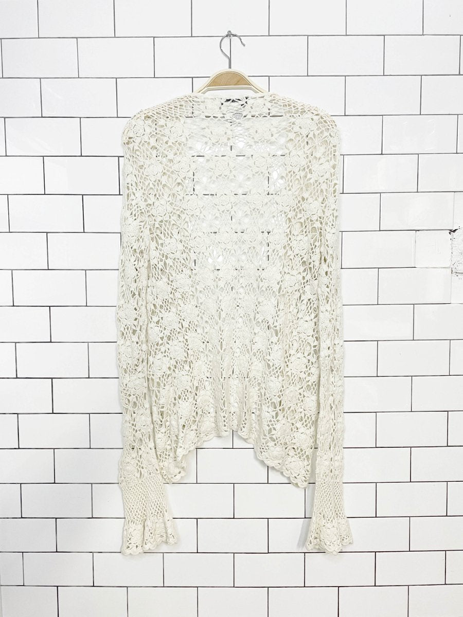 vintage 00s newport news ramie-blend crochet knit flare cuff open cardigan - good market thrift store