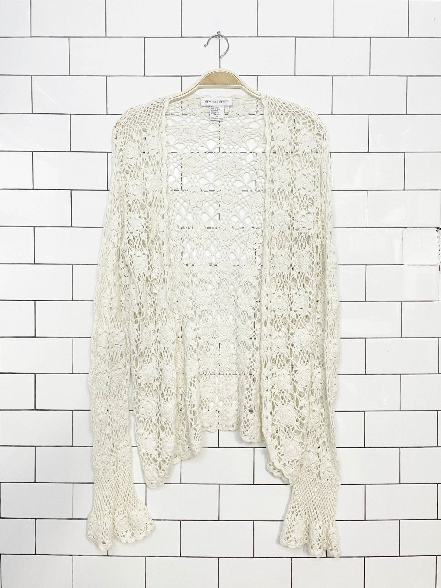 vintage 00s newport news ramie-blend crochet knit flare cuff open cardigan - good market thrift store