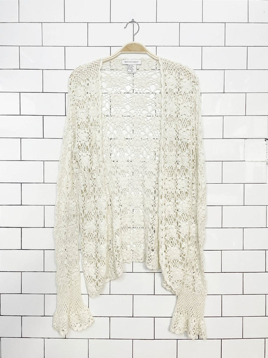 vintage 00s newport news ramie-blend crochet knit flare cuff open cardigan - good market thrift store