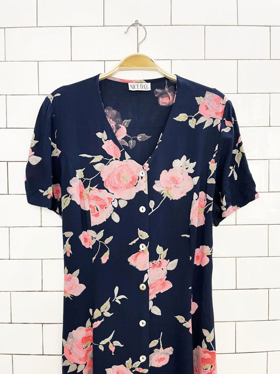 vintage 00s nice day floral full button tie back midi dress - good market thrift store