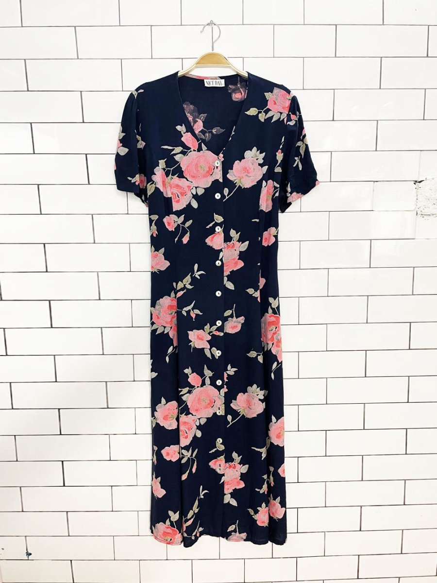 vintage 00s nice day floral full button tie back midi dress - good market thrift store