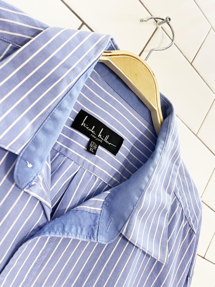 vintage 00s nicole miller blue stripe oversized menswear shirt - good market thrift store