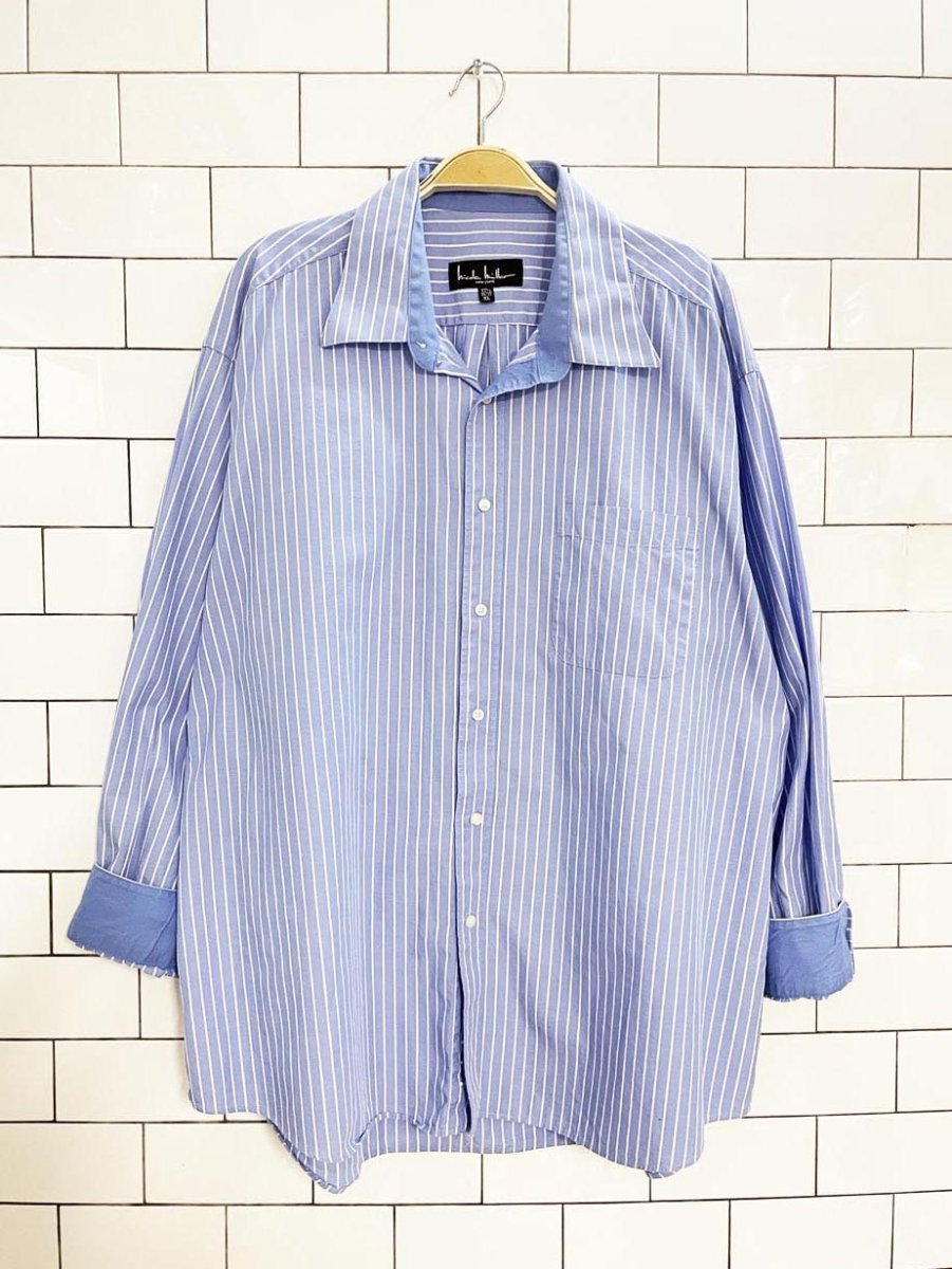 vintage 00s nicole miller blue stripe oversized menswear shirt - good market thrift store