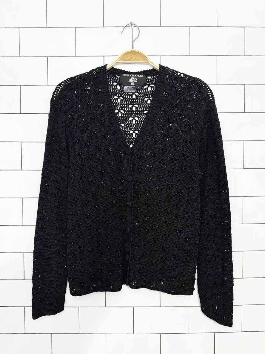 vintage 00s nina charles crochet knit beaded cardigan top | kasper - good market thrift store