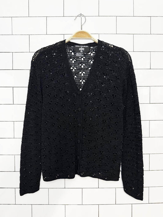 vintage 00s nina charles crochet knit beaded cardigan top | kasper - good market thrift store