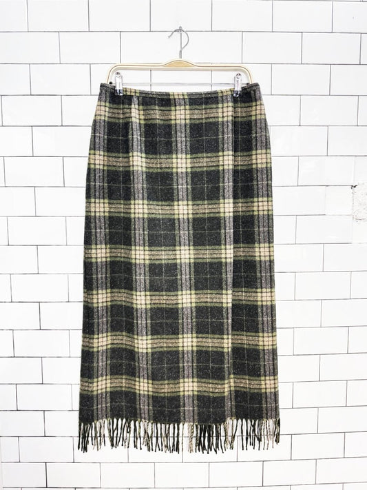 vintage 00s norton mcnaughton wool-blend plaid fringe maxi skirt - good market thrift store