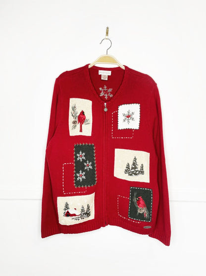 vintage 00s NR patchwork winter scene full zip knit cardigan - good market thrift store