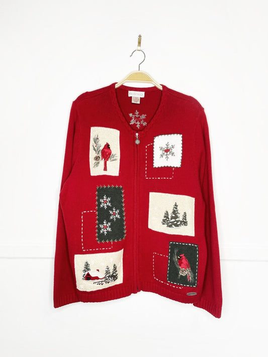 vintage 00s NR patchwork winter scene full zip knit cardigan - good market thrift store