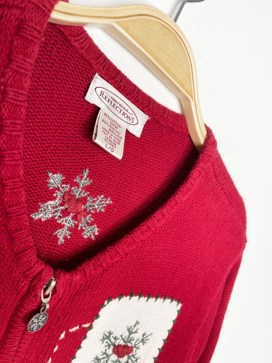 vintage 00s NR patchwork winter scene full zip knit cardigan - good market thrift store