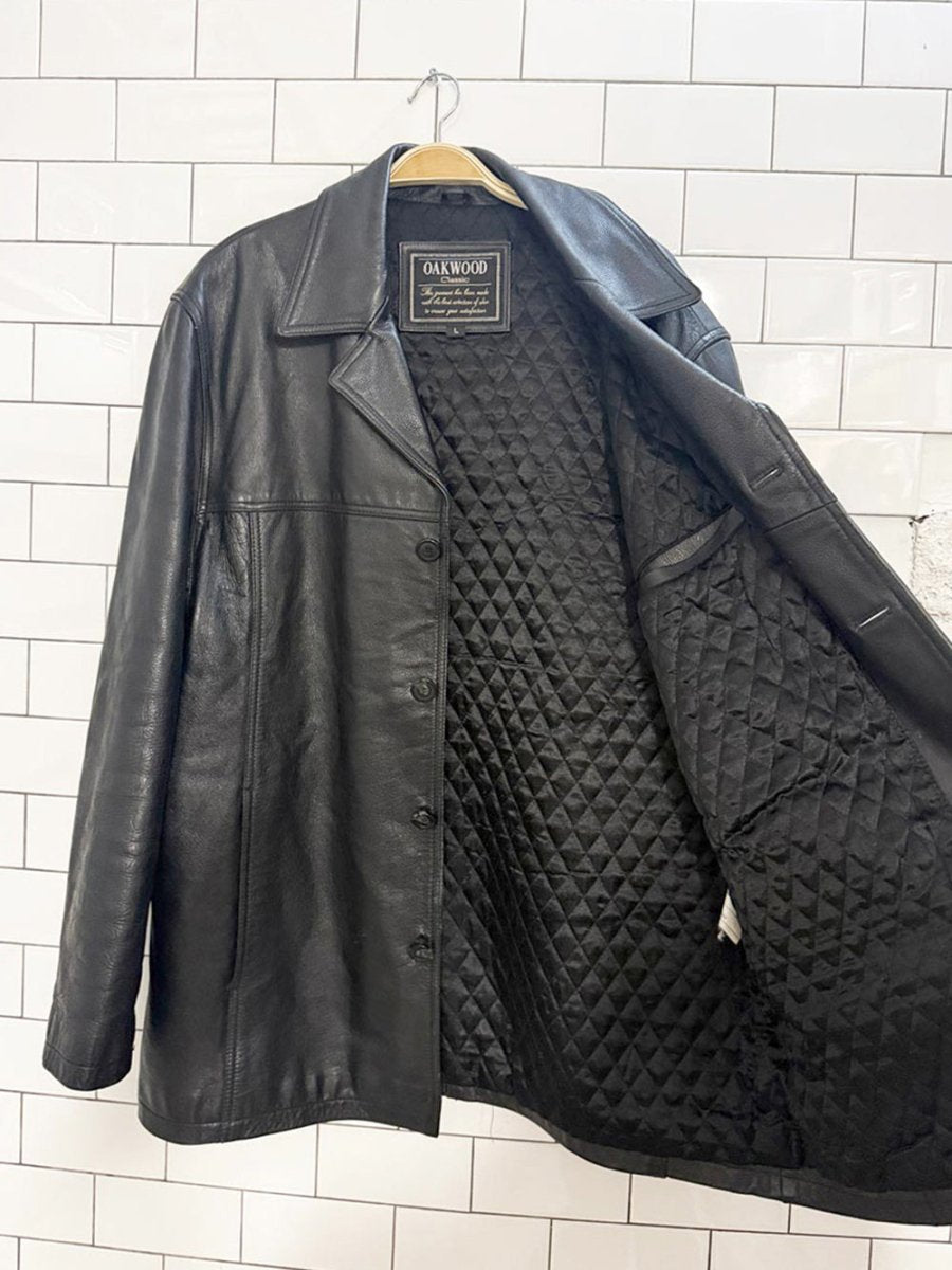 vintage 00s oakwood classic full button leather jacket | quilted lining - good market thrift store