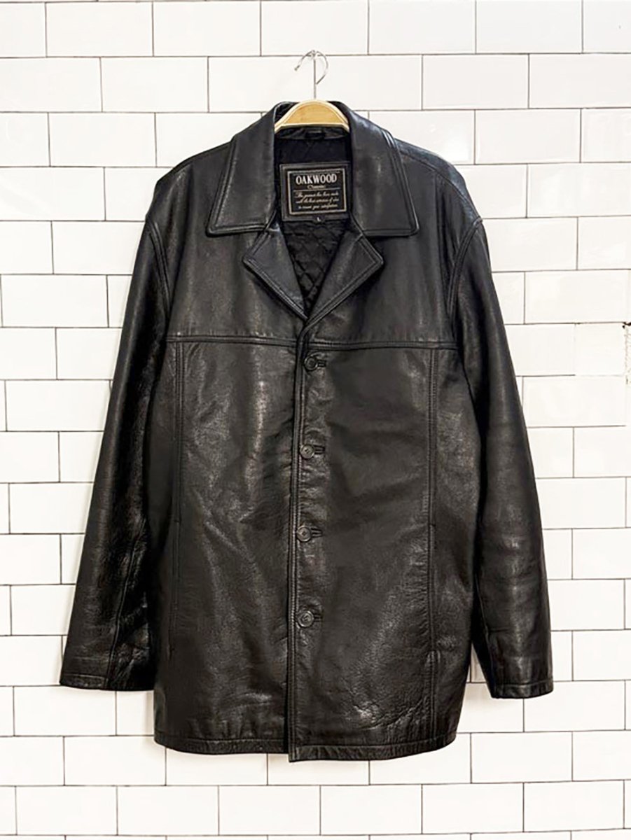 vintage 00s oakwood classic full button leather jacket | quilted lining - good market thrift store