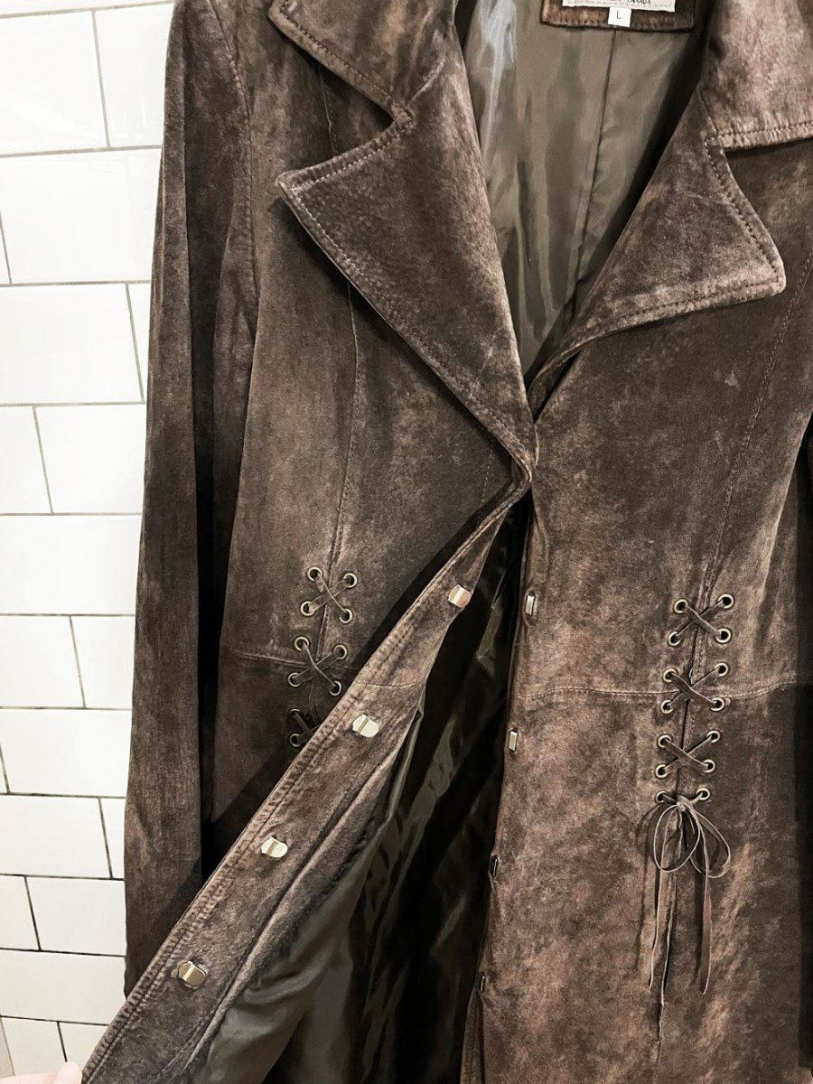 vintage 00s originaux by pablo suede lace up detail long jacket - good market thrift store