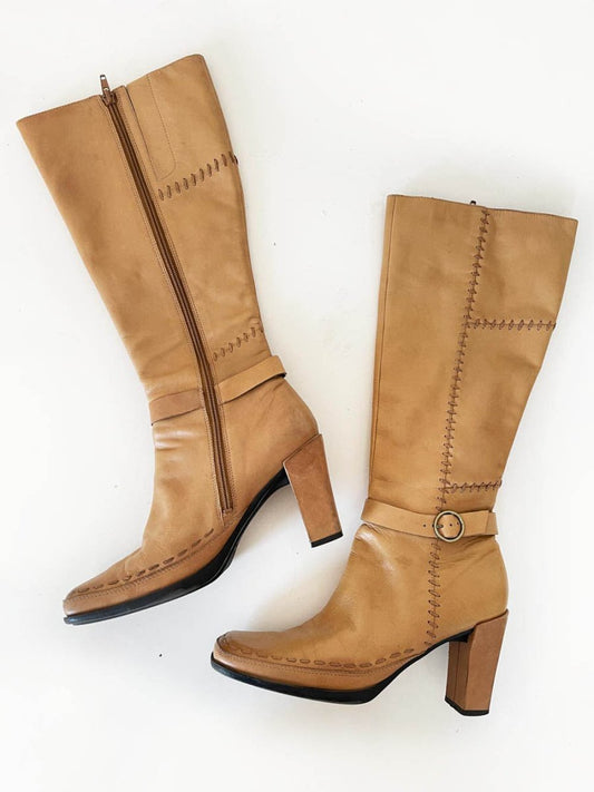 vintage 00s pegaboo soft leather boho stitched heeled boot | lambskin - good market thrift store