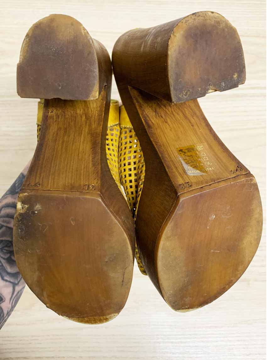 vintage 00s perforated leather chunky wooden platform heels | made in Italy - good market thrift store