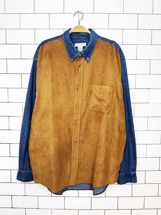 vintage 00s preswick & moore denim + faux suede full button shirt - good market thrift store