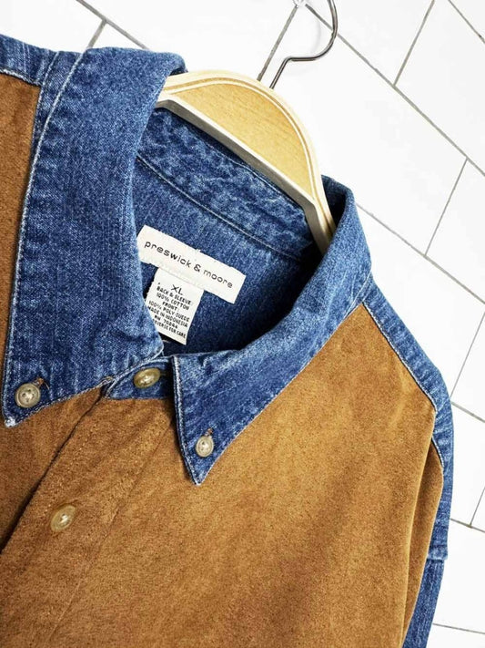 vintage 00s preswick & moore denim + faux suede full button shirt - good market thrift store