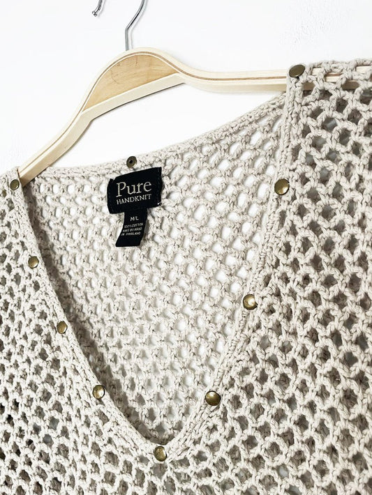vintage 00s pure handknit loose crochet studded bell sleeve knit top - good market thrift store
