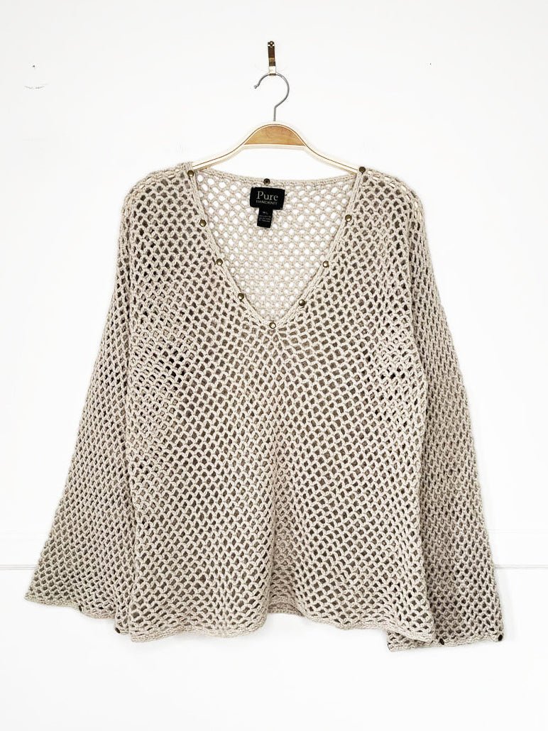 vintage 00s pure handknit loose crochet studded bell sleeve knit top - good market thrift store