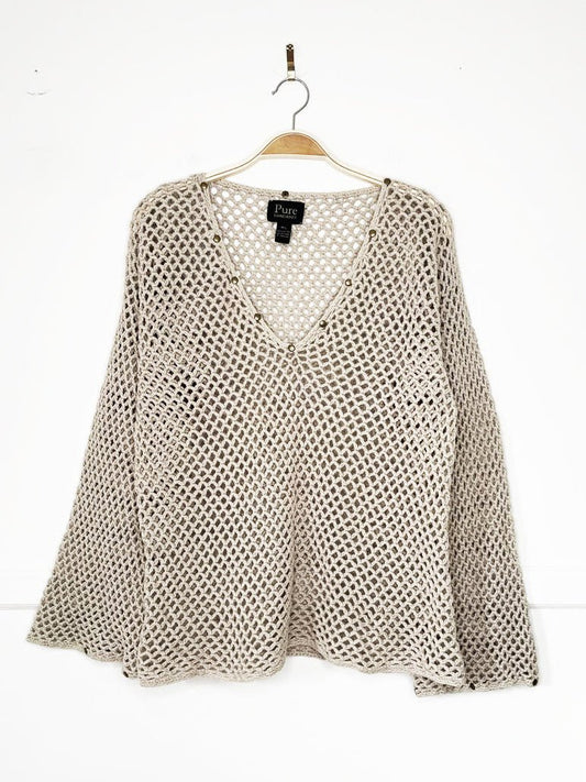 vintage 00s pure handknit loose crochet studded bell sleeve knit top - good market thrift store