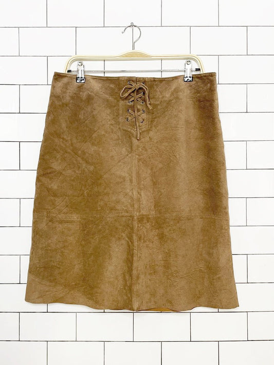 vintage 00s rw&co suede corset waist knee-length raw hem skirt - good market thrift store