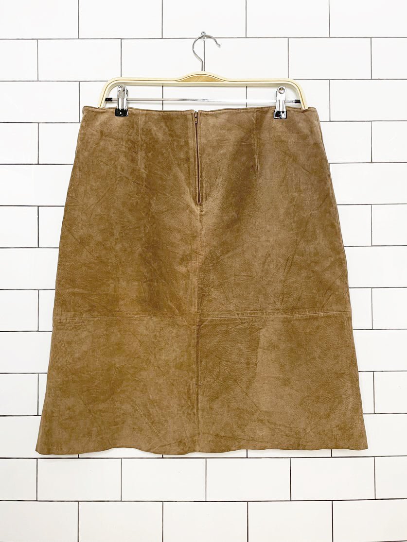 vintage 00s rw&co suede corset waist knee-length raw hem skirt - good market thrift store