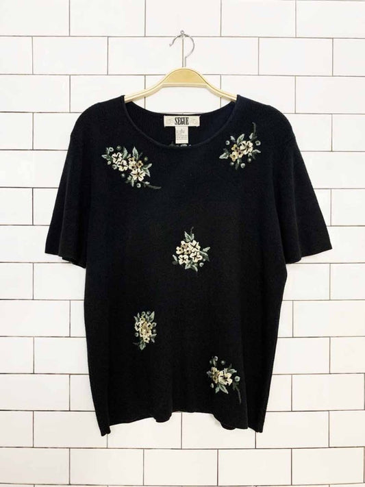 vintage 00s segue floral embroidered short sleeve knit top - good market thrift store