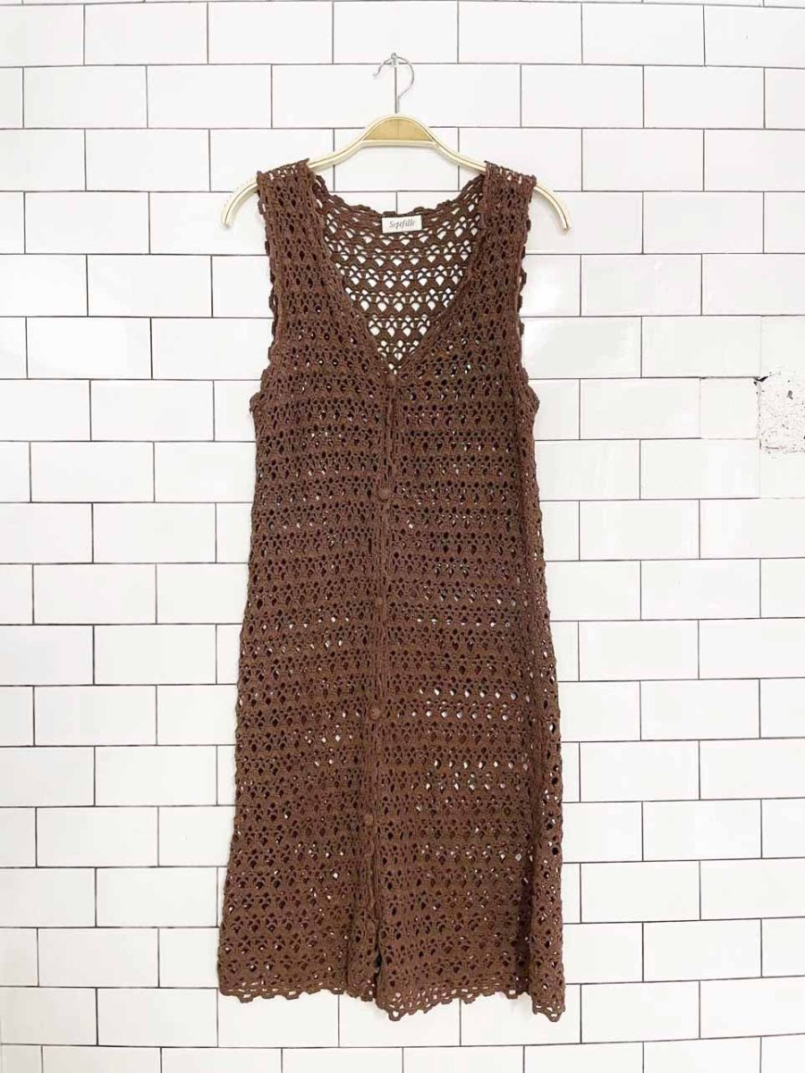 vintage 00s septville crochet knit full button midi dress | layering top - good market thrift store