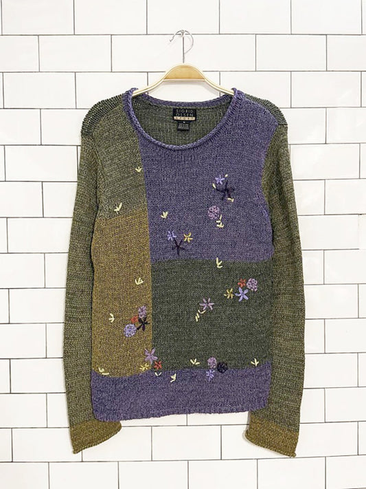 vintage 00s sigrid olsen loose knit embroidered flower sweater - good market thrift store