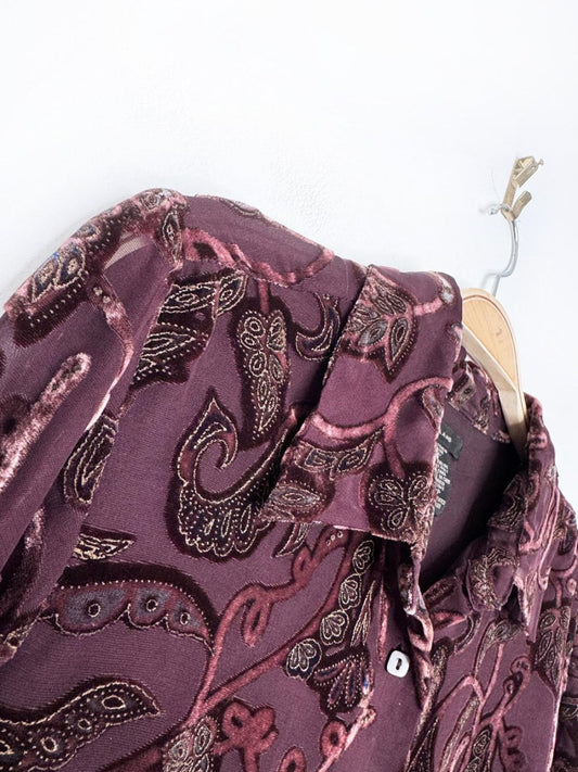 vintage 00s silkland silk-blend velvet paisley sheer full button shirt - good market thrift store