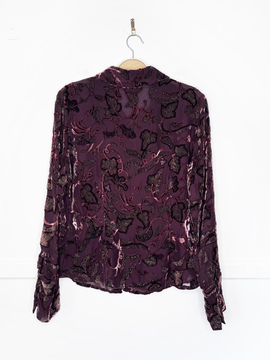 vintage 00s silkland silk-blend velvet paisley sheer full button shirt - good market thrift store